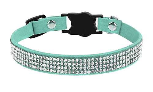 Luxury turquoise breakaway cat collar with crystals, and lightweight for comfort, cat-shaped buckle and a silver bell.