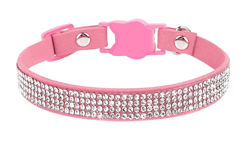 Luxury pink breakaway cat collar with crystals, adjustable and lightweight for comfort, cat-shaped buckle and a bell.