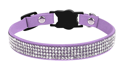 Luxury purple breakaway cat collar with crystals, and lightweight for comfort, cat-shaped buckle and a purple bell.