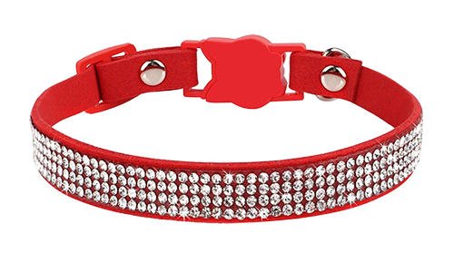 Luxury red breakaway cat collar with crystals, adjustable and lightweight for comfort, cat-shaped buckle and a bell.