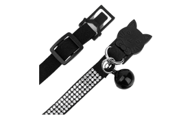 Luxury black breakaway cat collar with crystals, adjustable and lightweight for comfort, with a black bell attachment.