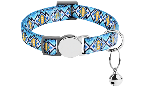 Blue patterned breakaway cat collar with a metallic buckle, adjustable and lightweight for comfort, with a small bell.