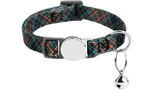 Plaid breakaway cat collar with a metallic buckle, adjustable and lightweight for comfort, with a small bell.