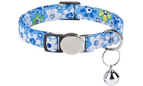 Blue floral-patterned breakaway cat collar with a metallic buckle, adjustable and lightweight for comfort, with silver bell.