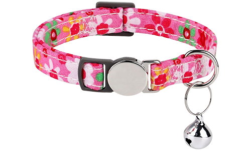 Red floral-patterned breakaway cat collar with a metallic buckle, adjustable and lightweight for comfort, with silver bell.