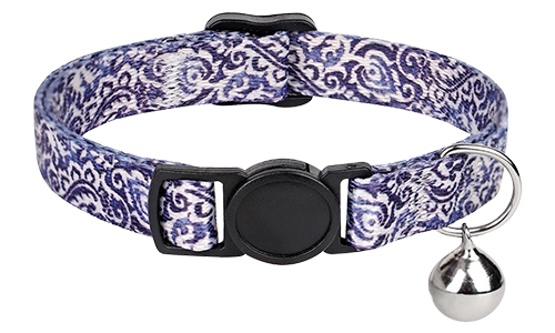 Bohemian-style breakaway cat collar with blue and white pattern, adjustable and lightweight, with silver bell.
