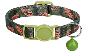 Camo-patterned breakaway cat collar in green and orange, adjustable and lightweight, with a green buckle and bell.