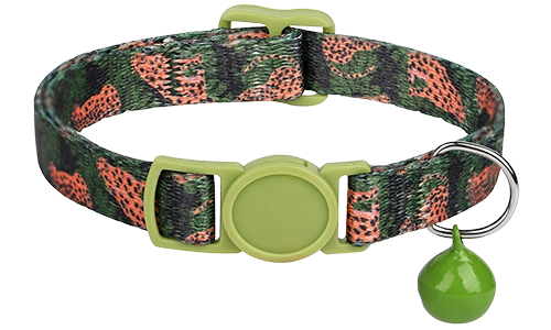 Camo-patterned breakaway cat collar in green and orange, adjustable and lightweight, with a green buckle and bell.