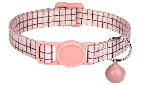 Pink checkered breakaway cat collar, adjustable and lightweight, matching pink buckle and bell.