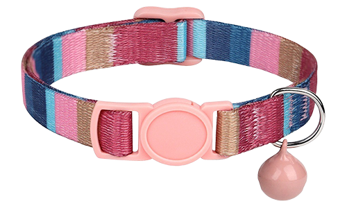Striped pink breakaway cat collar, adjustable and lightweight, with matching pink buckle and bell.