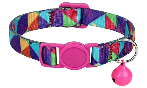 Colourful geometric-pattern breakaway cat collar, adjustable and lightweight, with matching pink buckle and bell.