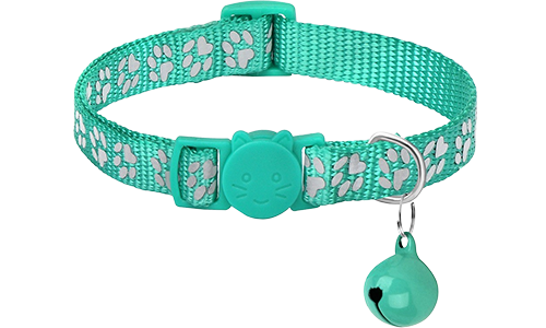 Turquoise paw-patterned breakaway cat collar, adjustable and lightweight for comfort, reflective with matching bell.