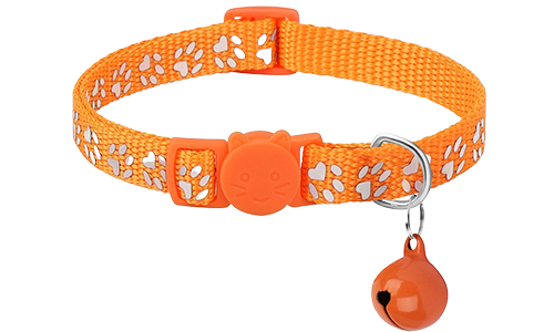 Orange paw-patterned breakaway cat collar, adjustable and lightweight for comfort, safety buckle with matching bell.