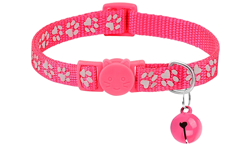 Pink paw-patterned breakaway cat collar, adjustable and lightweight for comfort, safety buckle with matching bell.