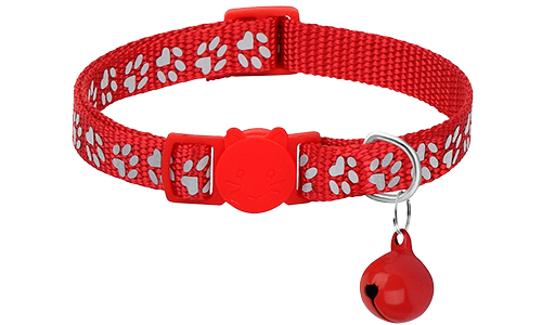 Red paw-patterned breakaway cat collar, adjustable and lightweight for comfort, safety buckle with matching bell.