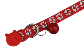Red paw-patterned breakaway cat collar, adjustable and lightweight for comfort, reflective feature with matching bell.