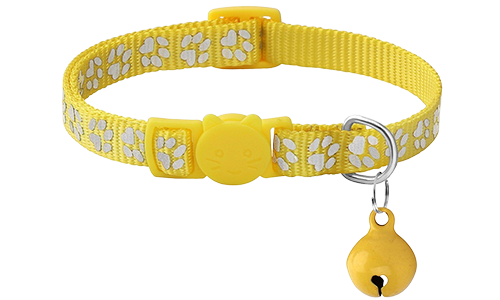 Yellow paw-patterned breakaway cat collar, adjustable and lightweight for comfort, safety buckle with matching bell.
