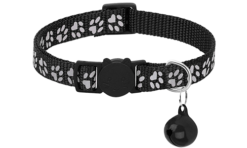 Black paw-patterned breakaway cat collar, adjustable and lightweight for comfort, safety buckle with matching bell.