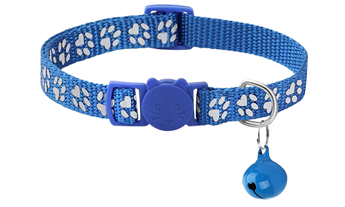 Blue paw-patterned breakaway cat collar, adjustable and lightweight for comfort, safety buckle with matching bell.