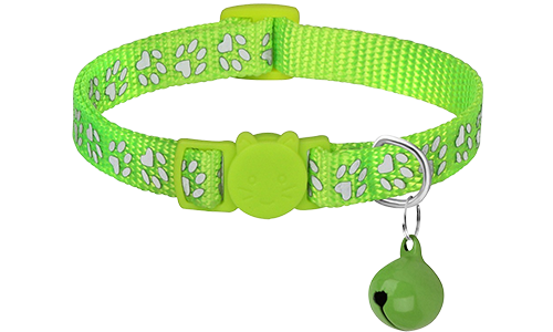 Green paw-patterned breakaway cat collar, adjustable and lightweight for comfort, safety buckle with matching bell.