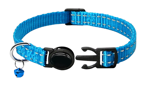 Reflective blue breakaway cat collar, adjustable 21-34cm length and 1cm wide, reflective and lightweight nylon material.