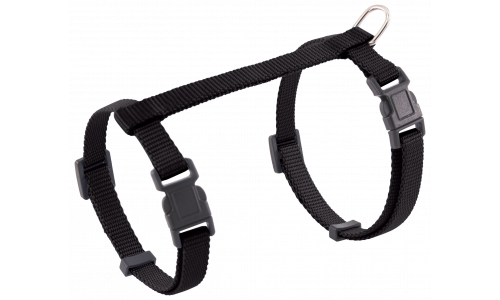 Black cat harness with adjustable straps and a sturdy metal D-ring for leash attachment, for secure and comfortable use.