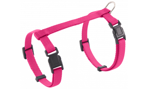 Pink cat harness with adjustable straps and a sturdy metal D-ring for leash attachment, for secure and comfortable use.