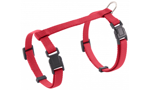 Red cat harness with adjustable straps and a sturdy metal D-ring for leash attachment, for secure and comfortable use.