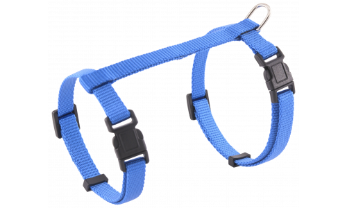 Blue cat harness with adjustable straps and a sturdy metal D-ring for leash attachment, for secure and comfortable use.