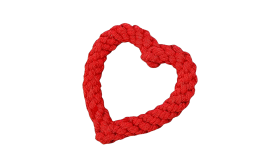Set of four rope dog toys in red and white, including a ring, drumstick, heart, and bone shapes, cotton material.
