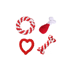 Set of four rope dog toys in red and white, including a ring, drumstick, heart, and bone shapes, for interactive play.