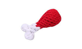 Set of four rope dog toys in red and white, including a ring, drumstick, heart, and bone shapes, machine washable.