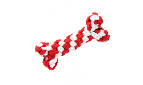 Set of four rope dog toys in red and white, including a ring, drumstick, heart, and bone shapes, hand washable.
