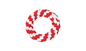 Set of four rope dog toys in red and white, including a ring, drumstick, heart, and bone shapes, safe and enjoyable.
