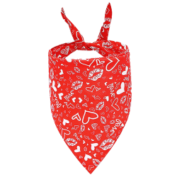 Red dog bandana with white heart and kiss patterns, perfect for Valentine's Day, machine and hand washable.