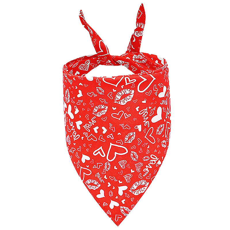 Printed Love Dog Bandana Red dog bandana with white heart and kiss patterns, perfect for Valentine's Day, machine and hand washable.