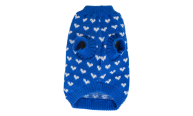 Printed Heart Sweater for Dogs Dog wearing a cosy blue sweater with white heart patterns, warm and snug fit, high-quality acrylic fibers.