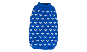Printed Heart Sweater for Dogs Dog wearing a cosy blue sweater with white heart patterns, lightweight and comfortable for pets to wear.