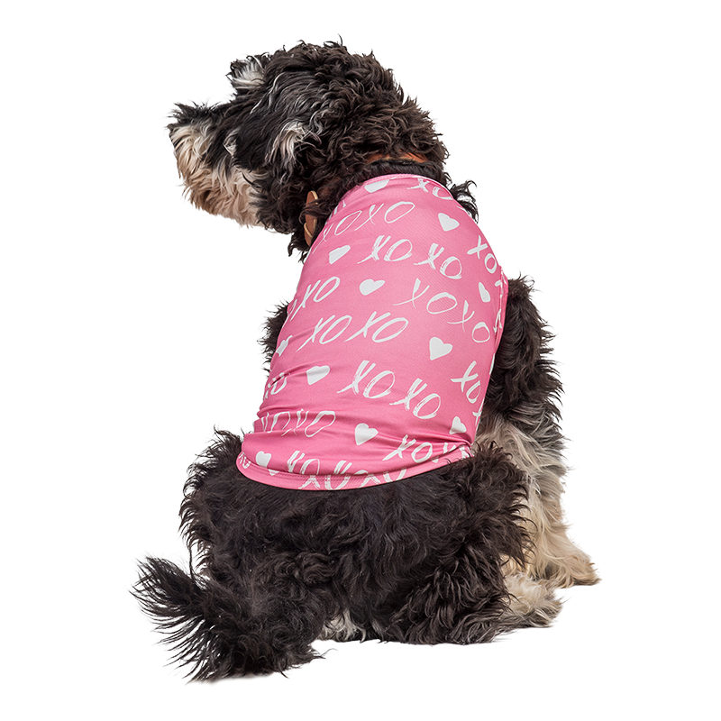 Dog Vest for Valentine's day Pup Outfit Dog wearing a pink Valentine's Day small vest with white heart and 'XOXO', designed as a festive and stylish pup outfit.