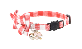 Red and white checkered bow tie cat collar with a bell and heart 'love' charm, portable and lightweight.