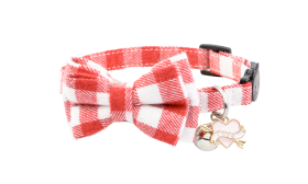 Red and white checkered bow tie cat collar with a bell and heart 'love' charm, soft and adjustable fabric for comfort.