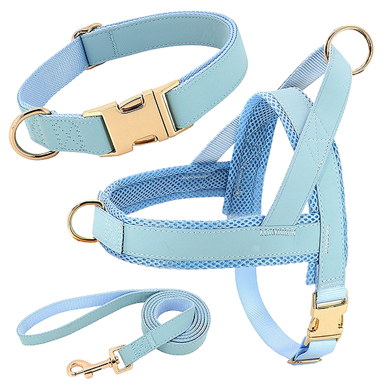 Dog Harness Kit with Collar and Leash Light blue dog harness kit with matching collar and leash, lightweight, long-lasting, comfortablee and secure fit.
