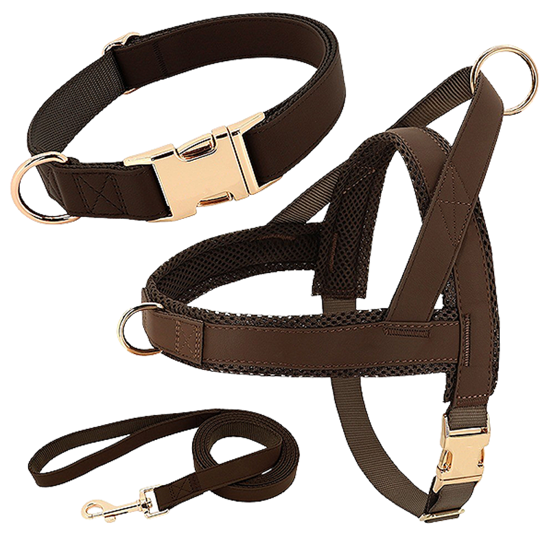 Dog Harness Kit with Collar and Leash Brown dog harness kit with matching collar and leash, lightweight, durable and long-lasting, comfortablee and secure fit.