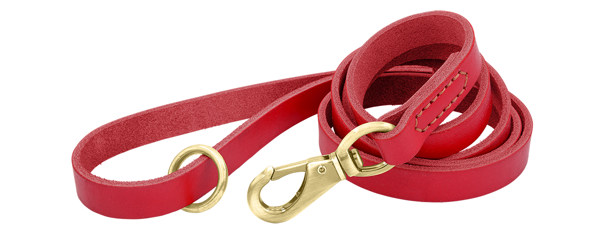 Luxury Genuine Leather Dog Leash Red luxury genuine leather dog leash, 150 cm in length and comfortable, with gold metal clasp and ring for durability.