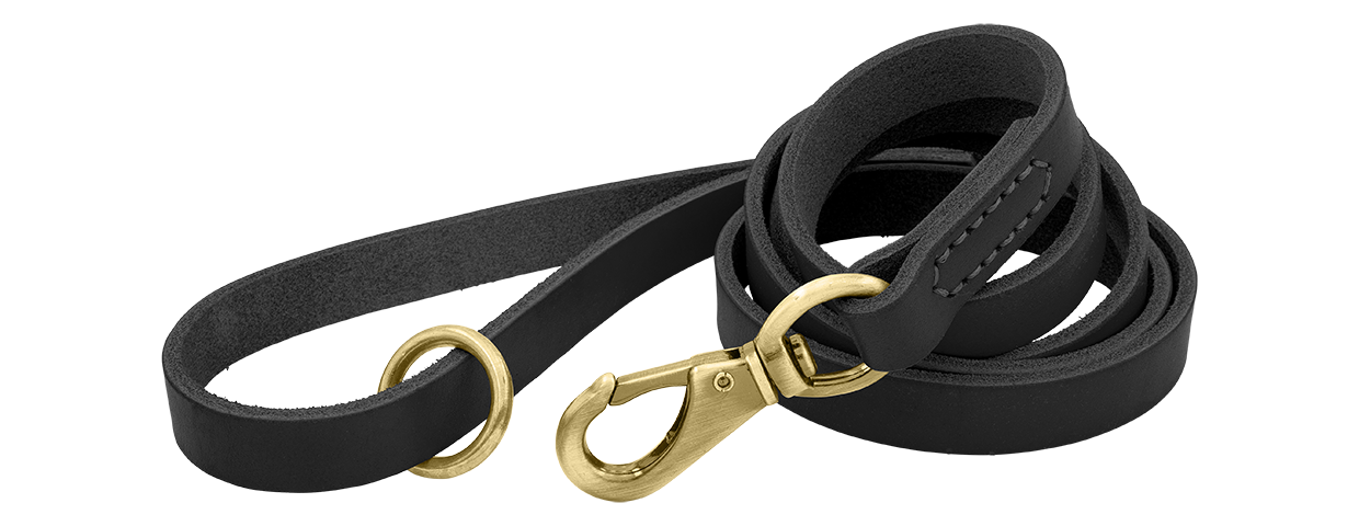 Luxury Genuine Leather Dog Leash Black luxury genuine leather dog leash, 150 cm in length and comfortable, with gold metal clasp and ring for durability.
