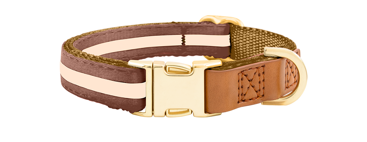 Dog Collar with Buckle Brown dog collar with adjustable gold metal buckle, 27-40cm in length and 1.5cm wide, with D-ring for leash attachment.