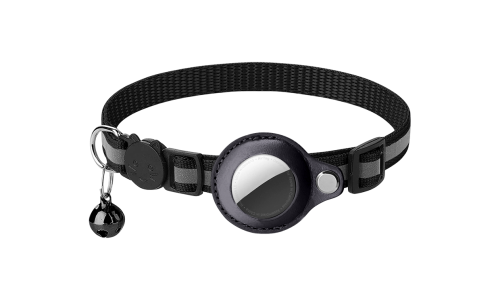 Reflective black breakaway cat collar with an AirTag holder, adjustable and lightweight for comfort, with black bell.