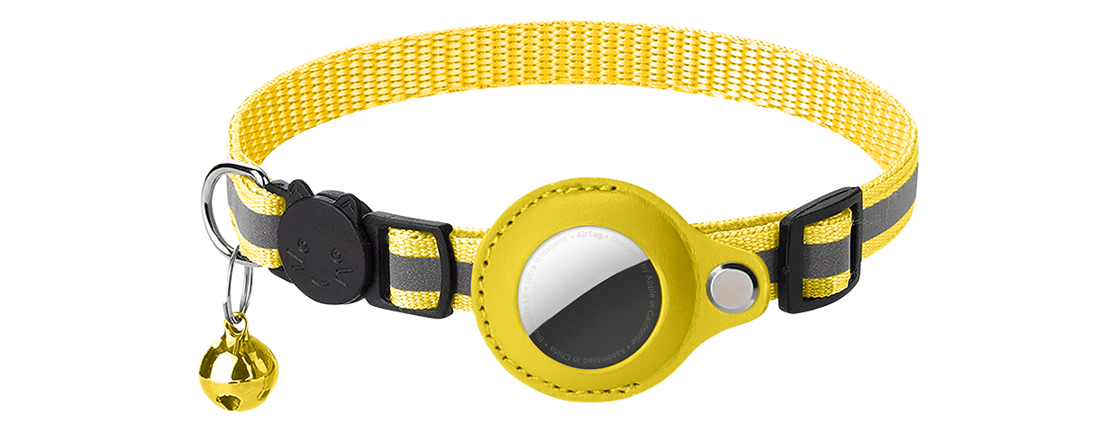 Reflective Breakaway Cat Collar with AirTag Holder Reflective yellow breakaway cat collar with an AirTag holder, adjustable and lightweight for comfort, yellow bell.