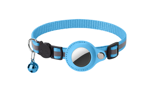 Reflective blue breakaway cat collar with an AirTag holder, adjustable and lightweight for comfort, with blue bell.