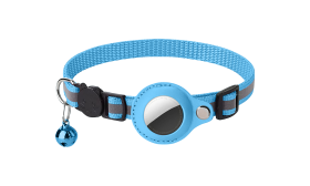 Reflective Breakaway Cat Collar with AirTag Holder Reflective blue breakaway cat collar with an AirTag holder, adjustable and lightweight for comfort, with blue bell.